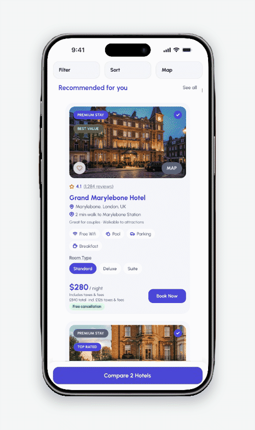 Animated Roami hotel listings scrolling to the Compare 2 Hotels button, then opening a two hotel comparison