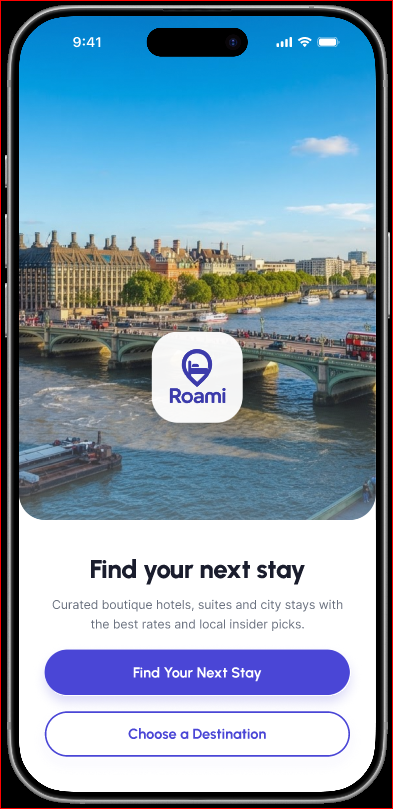 Roami mobile app landing screen showing a London city image and Find Your Next Stay actions