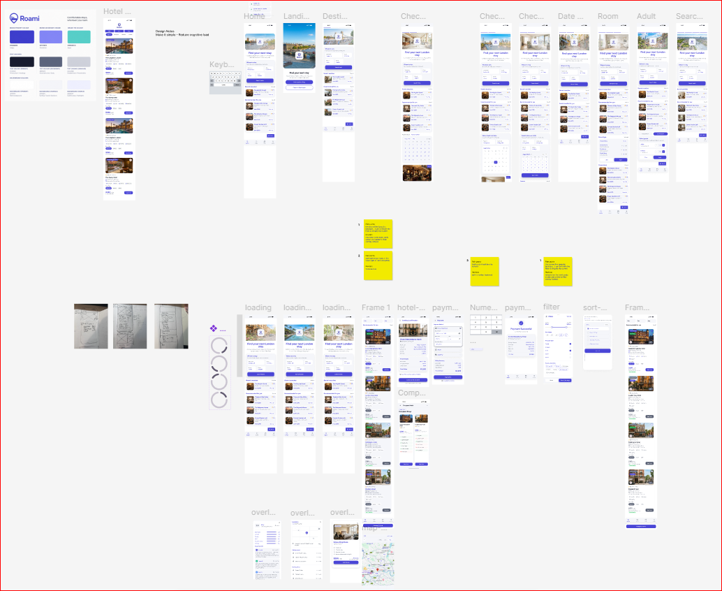 Overview of Roami high-fidelity mobile booking screens