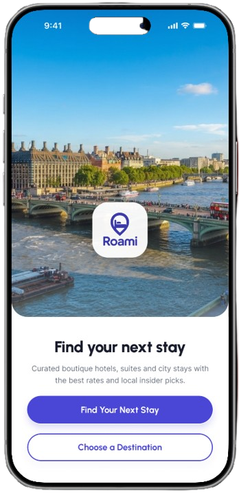 Roami mobile app landing screen from the real project
