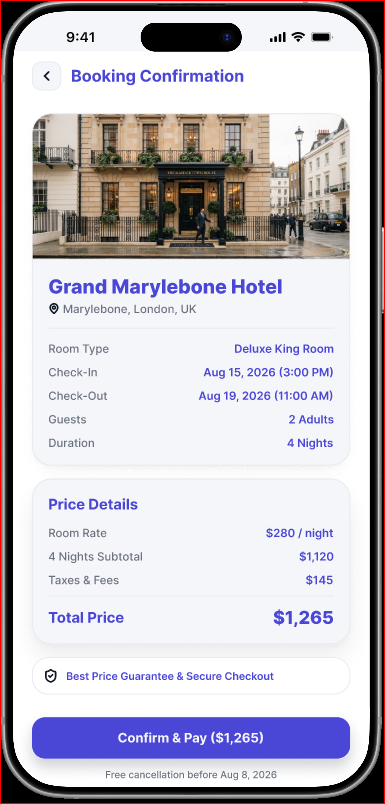 Roami booking review screen showing stay details, total price and Confirm and Pay button