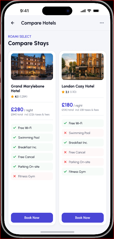 Roami comparison screen showing two hotels side by side