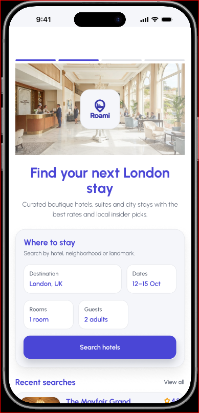 Roami search screen with destination, dates, rooms and guests